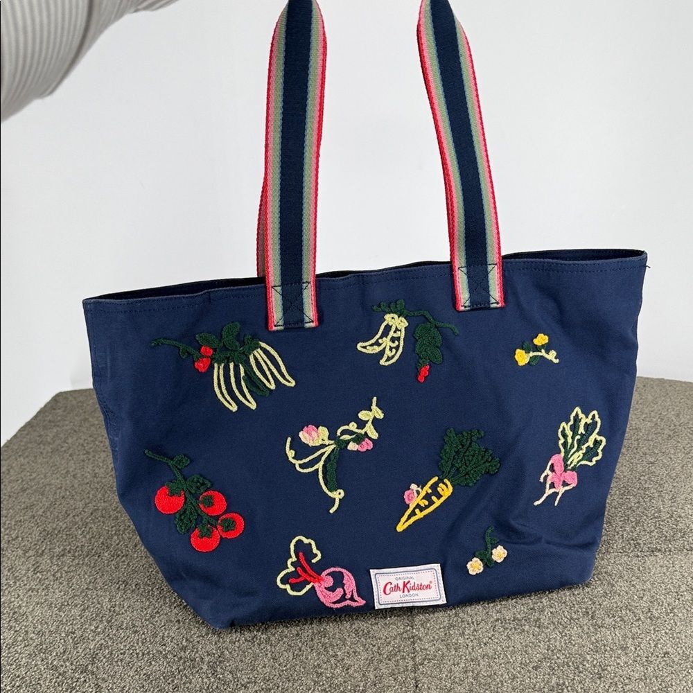 Cath Kidston Bag Blue Tote  Colorful Vegetable Embroidery Top Handles London